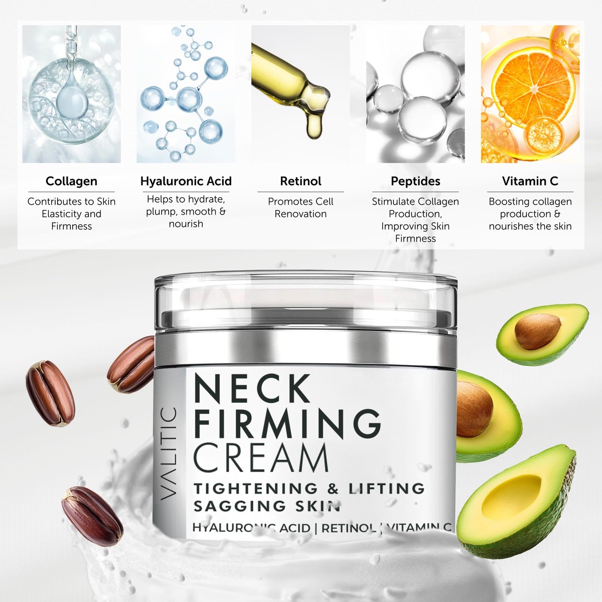 VALITIC Neck Cream for Tightening and Firming - Hyaluronic Acid, Retinol, Vitamin C, Peptides - Anti Aging Day and Night Cream for Lifting Sagging Skin Avelisse