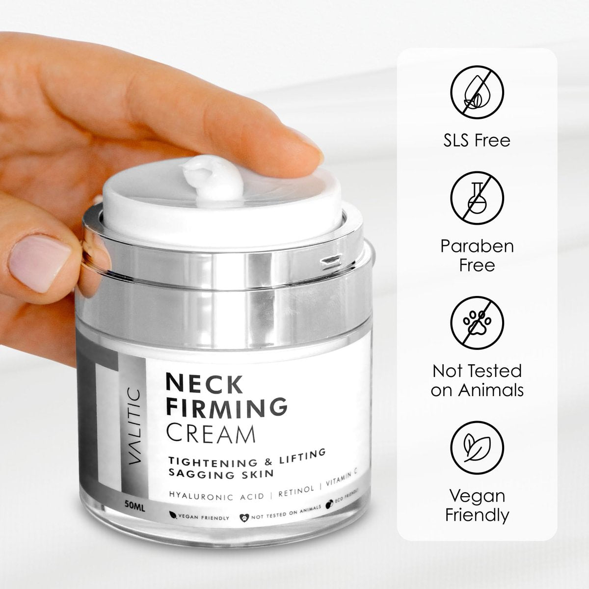 VALITIC Neck Cream for Tightening and Firming - Hyaluronic Acid, Retinol, Vitamin C, Peptides - Anti Aging Day and Night Cream for Lifting Sagging Skin Avelisse