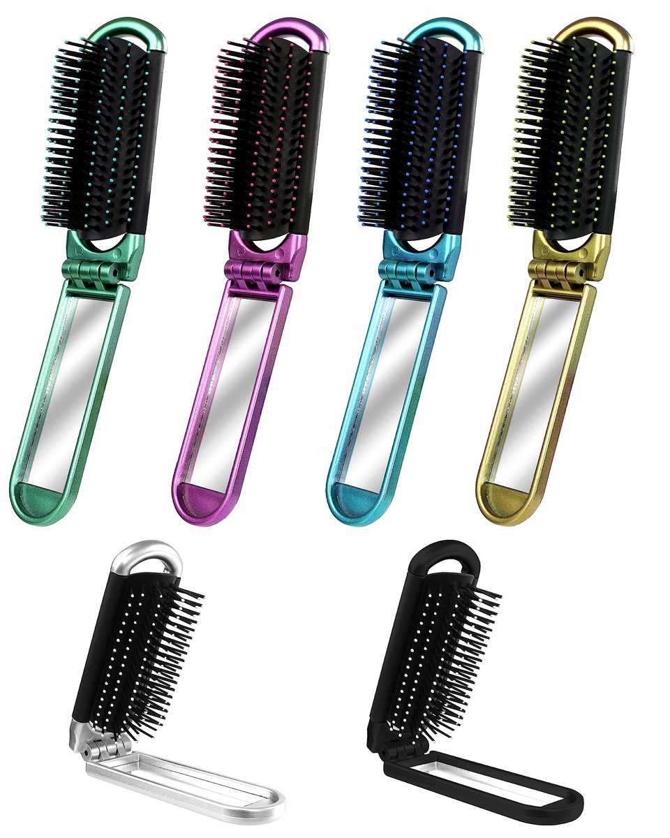 6 PCS Folding Travel Hairbrush Set with Compact Mirror for Women - Mini Pocket Brush for Purse and Girls - görsel 1