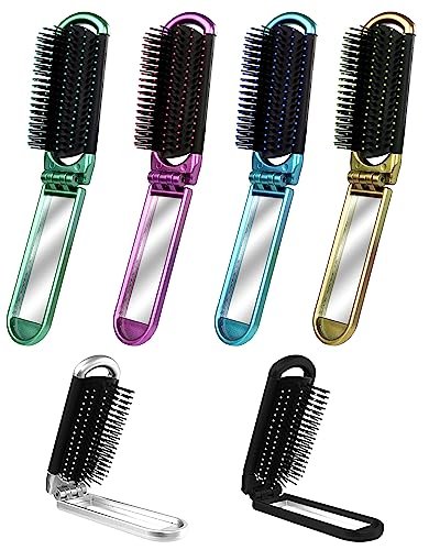 6 PCS Folding Travel Hairbrush Set with Compact Mirror for Women - Mini Pocket Brush for Purse and Girls - görsel 2