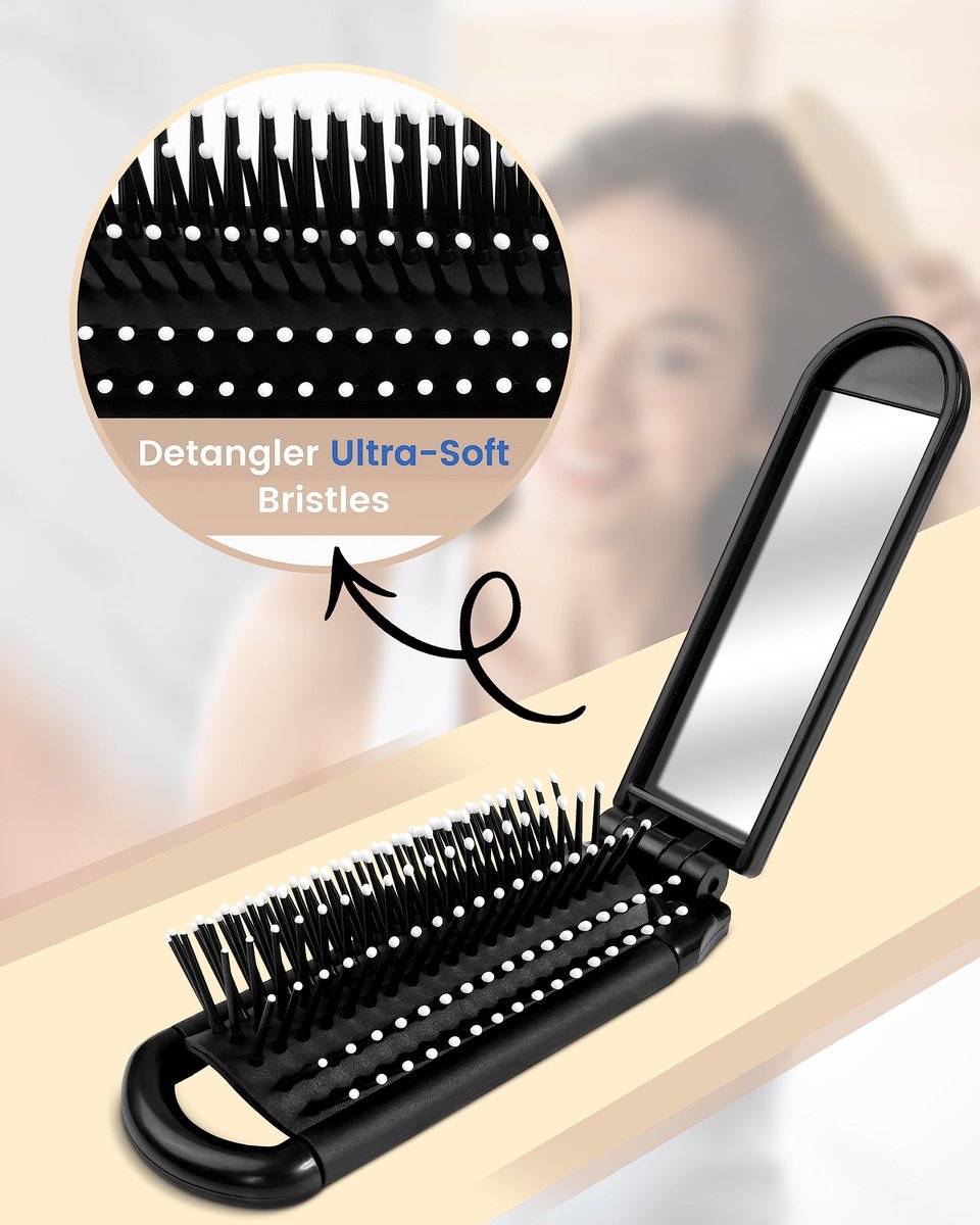 6 PCS Folding Travel Hairbrush Set with Compact Mirror for Women - Mini Pocket Brush for Purse and Girls - görsel 9