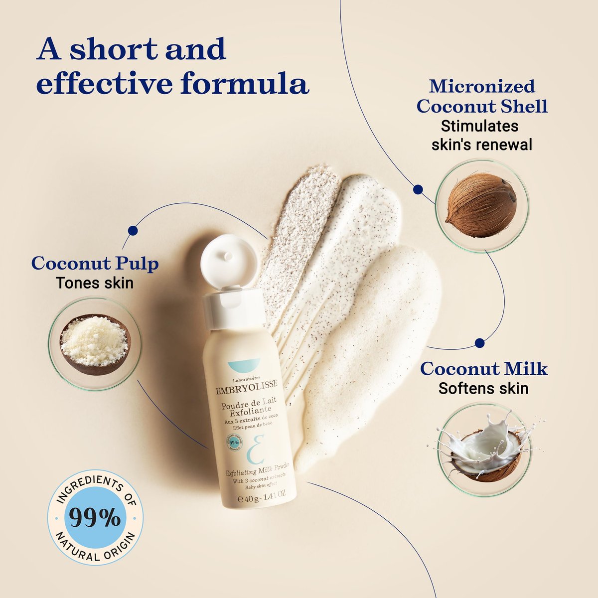 Embryolisse Exfoliating Face Scrub Powder - Gentle Facial Cleanser with Coconut & Milk Powder for All Skin Types, Even Sensitive, 1.41 Oz Avelisse