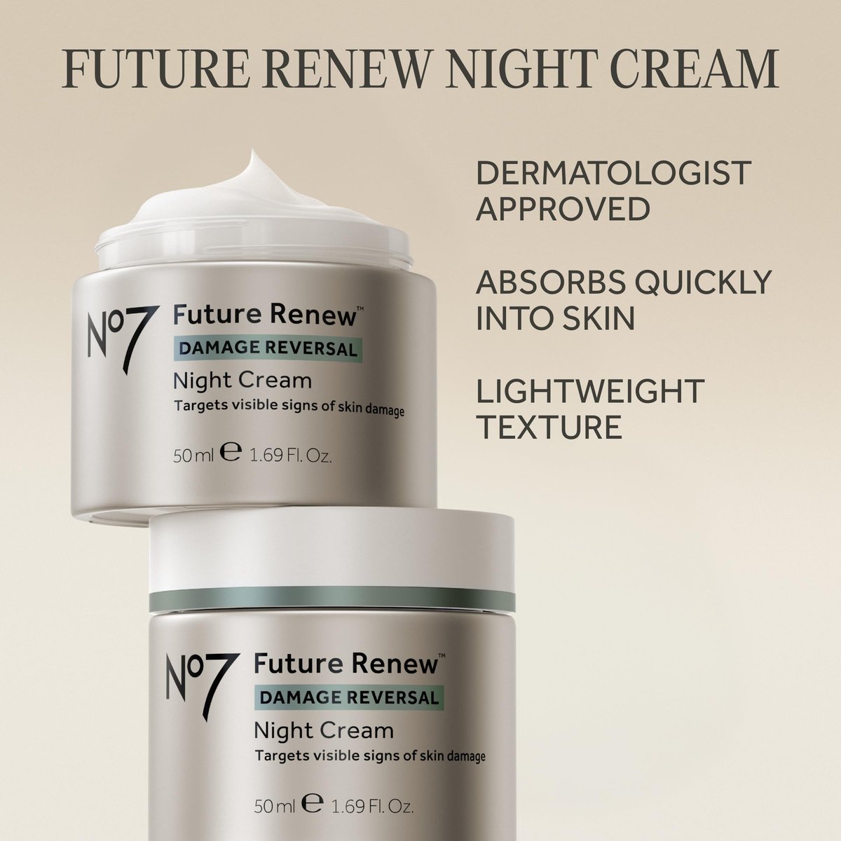 No7 Future Renew Damage Reversal Night Cream - Anti-Aging Face Moisturizer with Peptide Technology - Skin Barrier Repair for Dry Skin (1.69 oz) Avelisse