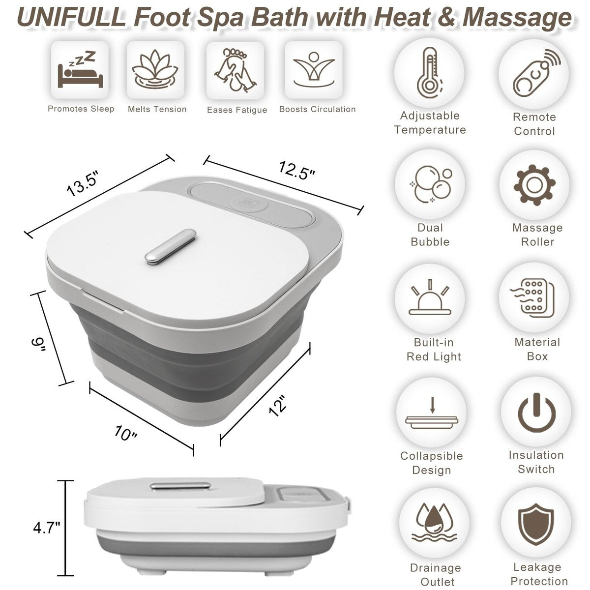 UNIFULL Collapsible Foot Spa Bath with Heat, Massage Rollers, Bubbles, and Red Light Therapy – Portable Pedicure Foot Spa Avelisse