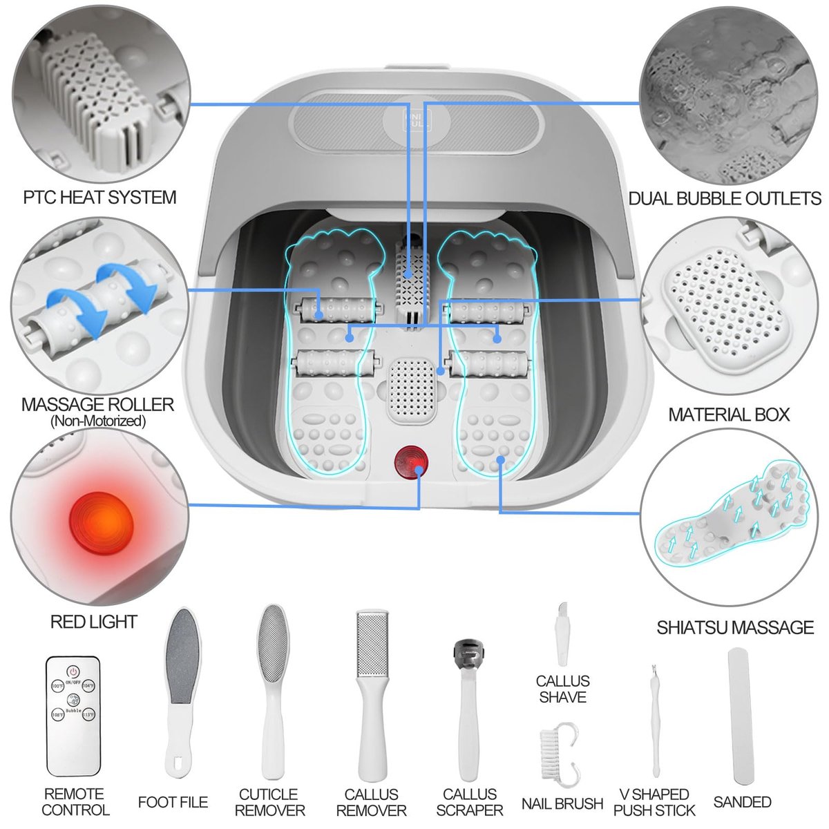 UNIFULL Collapsible Foot Spa Bath with Heat, Massage Rollers, Bubbles, and Red Light Therapy – Portable Pedicure Foot Spa Avelisse