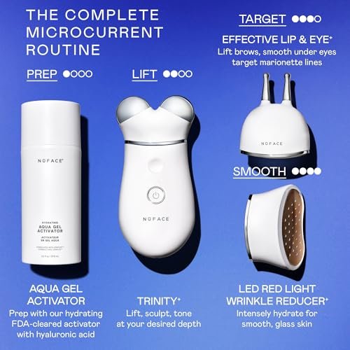 NuFACE Trinity+ Microcurrent Facial Device with Lip & Eye Attachment - FDA Cleared Face Toning Device, Wrinkle Reducer, Includes Gel Activator & Silk Creme Avelisse