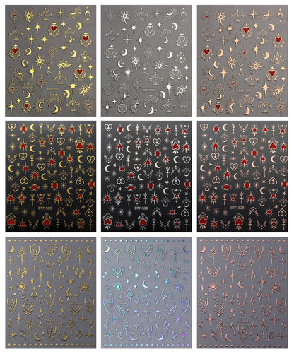 JMEOWIO 9 Sheets Moon Star Nail Art Stickers Decals - Self-Adhesive Acrylic Nail Supplies for Creative Design