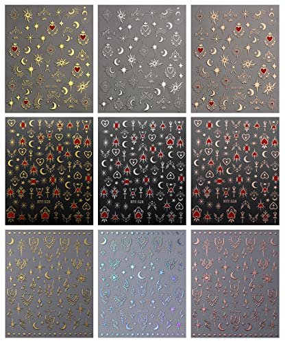 JMEOWIO 9 Sheets Moon Star Nail Art Stickers Decals - Self-Adhesive Acrylic Nail Supplies for Creative Design - görsel 4