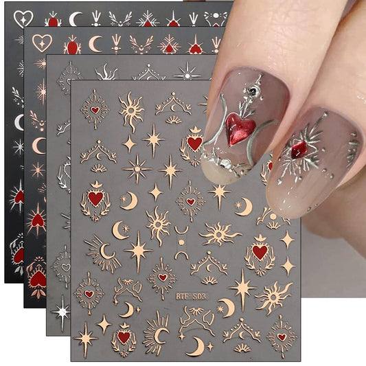 JMEOWIO 9 Sheets Moon Star Nail Art Stickers Decals - Self-Adhesive Acrylic Nail Supplies for Creative Design