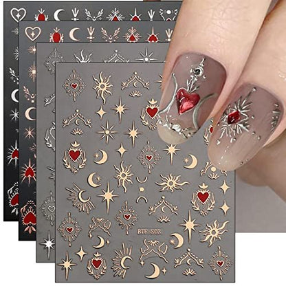 JMEOWIO 9 Sheets Moon Star Nail Art Stickers Decals - Self-Adhesive Acrylic Nail Supplies for Creative Design