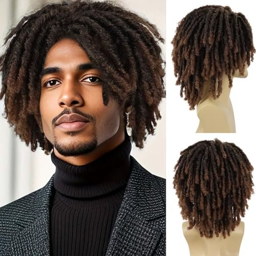 GNIMEGIL Short Braided Wig: Afro Bob Ombre Brown Crochet Twist Hair Dreadlocks Natural Synthetic Wig for Black Men – Breathable Braids - görsel 2