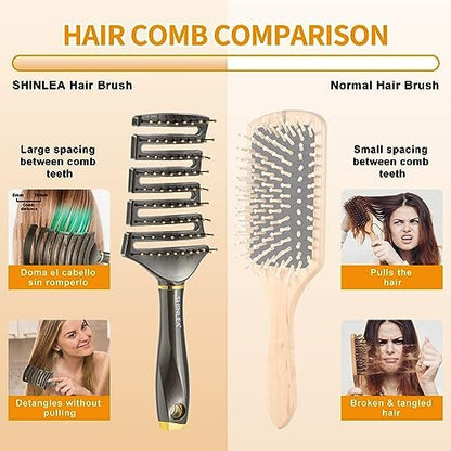 SHINLEA Curved Detangling Brush for Curly Hair - Professional Vented Anti-Tangle Brush for Wet & Dry, Ideal for Textured 2A to 4C Hair and Thick Blow Drying