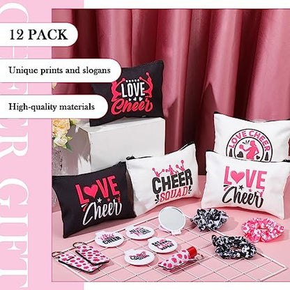 48 Pcs Cheer Gift Kit for Girls - Canvas Makeup Bags, Scrunchies, Mirrors & Lip Balm Keychains