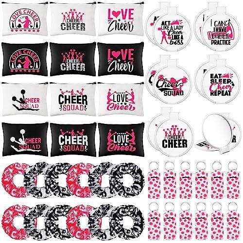 48 Pcs Cheer Gift Kit for Girls - Canvas Makeup Bags, Scrunchies, Mirrors & Lip Balm Keychains - görsel 2