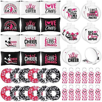 48 Pcs Cheer Gift Kit for Girls - Canvas Makeup Bags, Scrunchies, Mirrors & Lip Balm Keychains