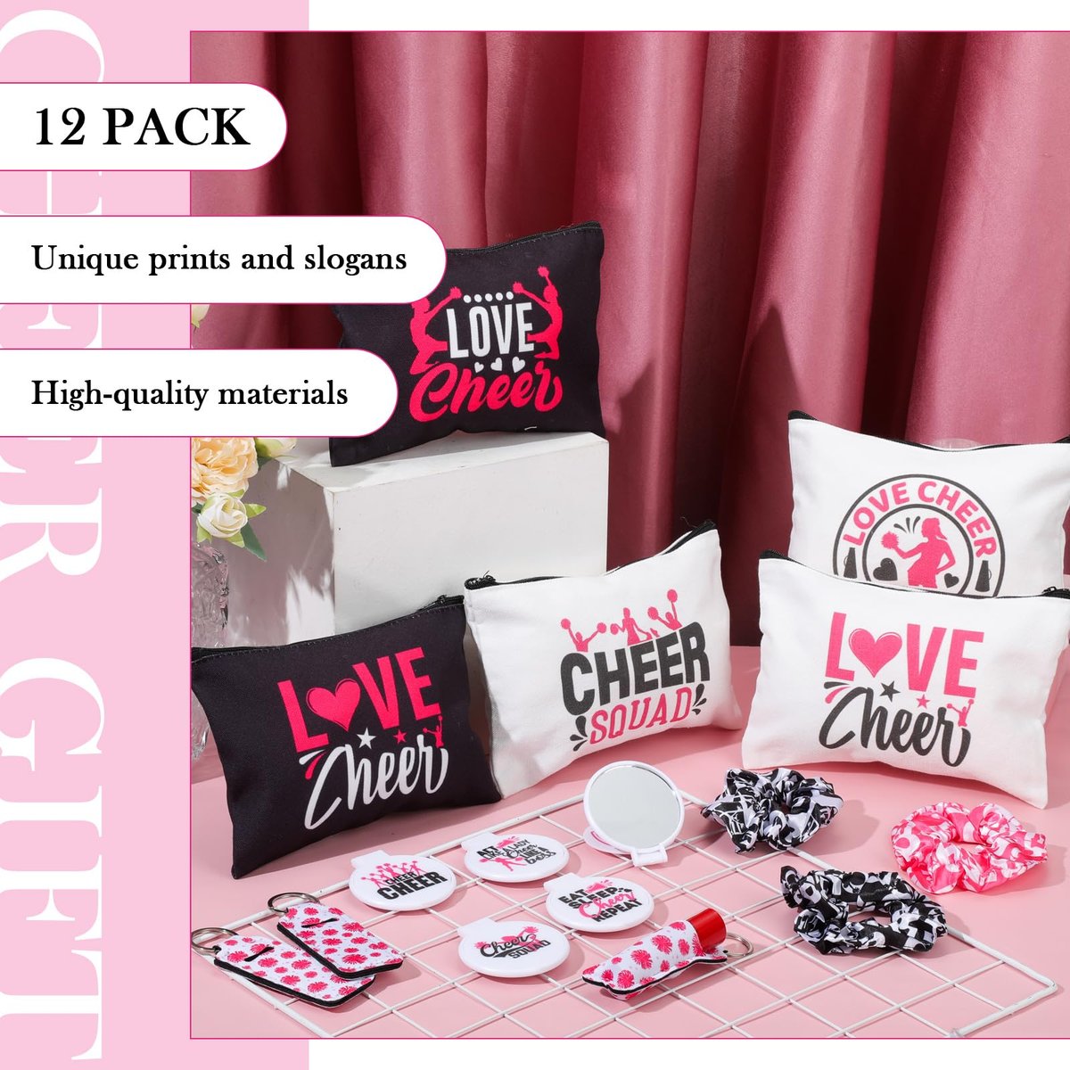 48 Pcs Cheer Gift Kit for Girls - Canvas Makeup Bags, Scrunchies, Mirrors & Lip Balm Keychains - görsel 9