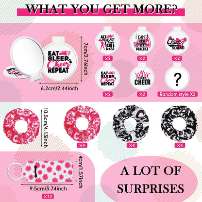48 Pcs Cheer Gift Kit for Girls - Canvas Makeup Bags, Scrunchies, Mirrors & Lip Balm Keychains