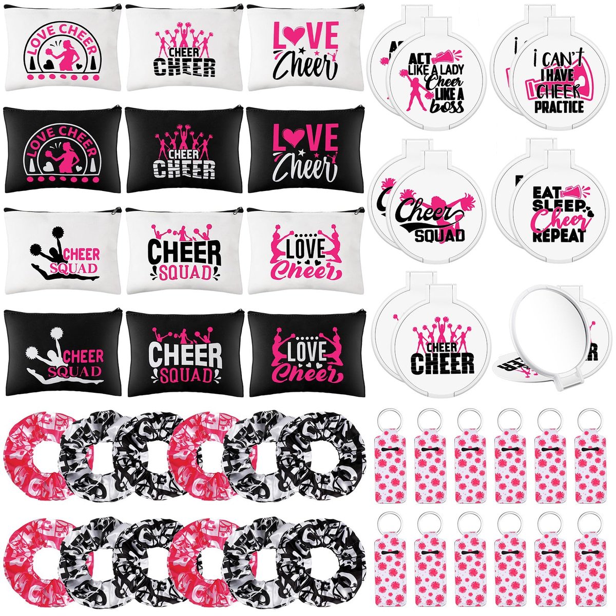 48 Pcs Cheer Gift Kit for Girls - Canvas Makeup Bags, Scrunchies, Mirrors & Lip Balm Keychains - görsel 1