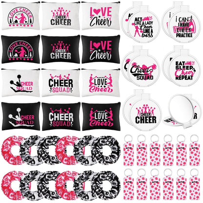 48 Pcs Cheer Gift Kit for Girls - Canvas Makeup Bags, Scrunchies, Mirrors & Lip Balm Keychains