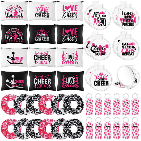 48 Pcs Cheer Gift Kit for Girls - Canvas Makeup Bags, Scrunchies, Mirrors & Lip Balm Keychains