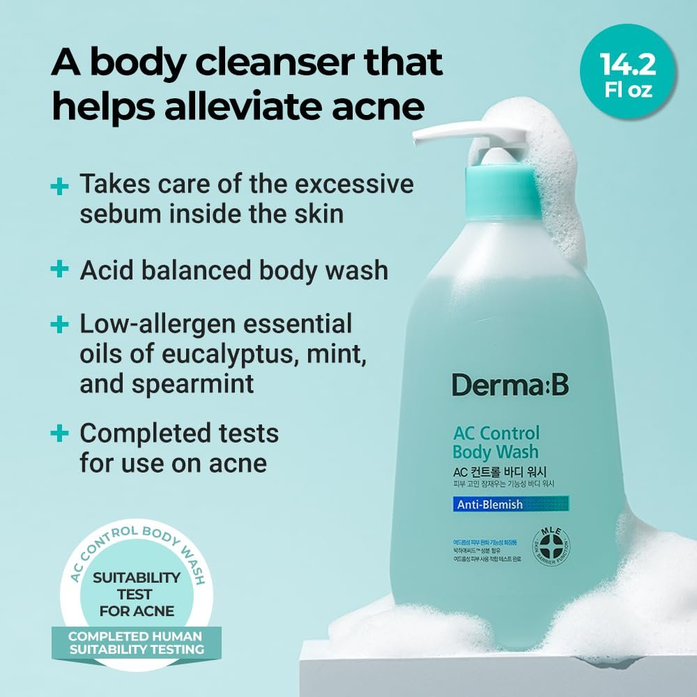 Derma B AC Control Body Wash 420ml – Anti-Blemish & Pimple Care, Hypoallergenic, Soothing Shower Gel for All Skin Types Avelisse