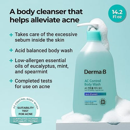 Derma B AC Control Body Wash 420ml – Anti-Blemish & Pimple Care, Hypoallergenic, Soothing Shower Gel for All Skin Types Avelisse