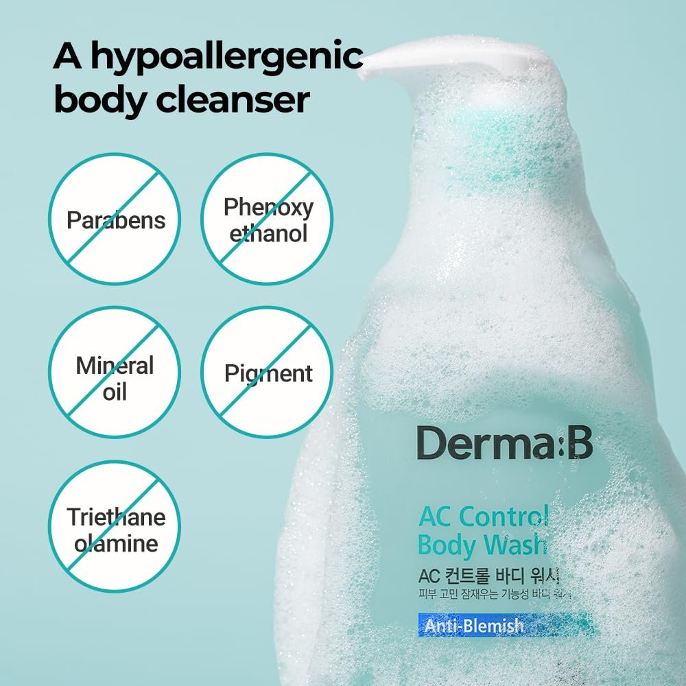 Derma B AC Control Body Wash 420ml – Anti-Blemish & Pimple Care, Hypoallergenic, Soothing Shower Gel for All Skin Types Avelisse