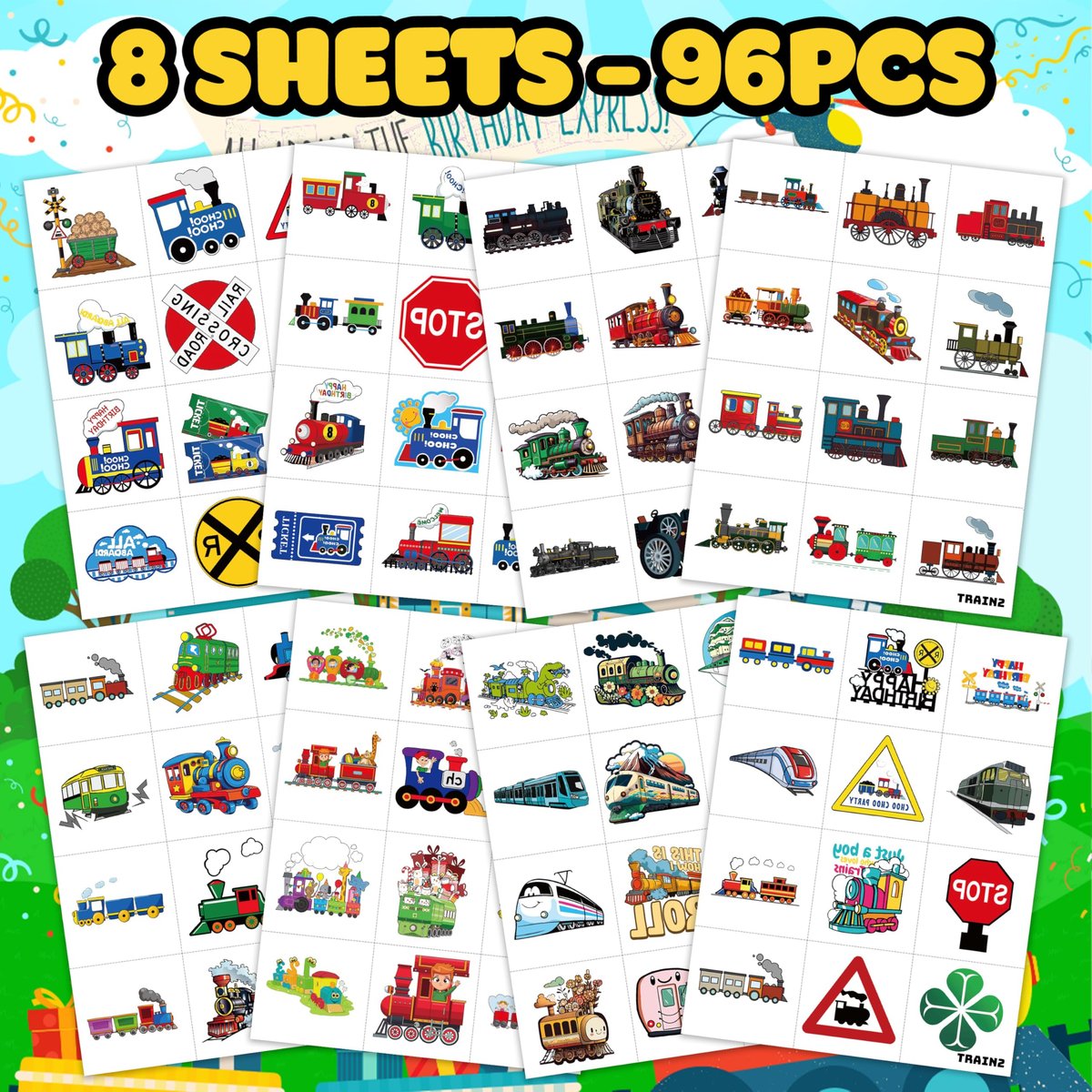 8 Sheets (96PCS) Train Temporary Tattoos – Transportation Birthday Party Decorations Supplies, Train Themed Favors, Pre-Cut Tattoo Stickers for Kids Boys Girls Classroom Prizes - görsel 7