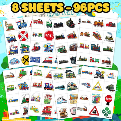 8 Sheets (96PCS) Train Temporary Tattoos – Transportation Birthday Party Decorations Supplies, Train Themed Favors, Pre-Cut Tattoo Stickers for Kids Boys Girls Classroom Prizes