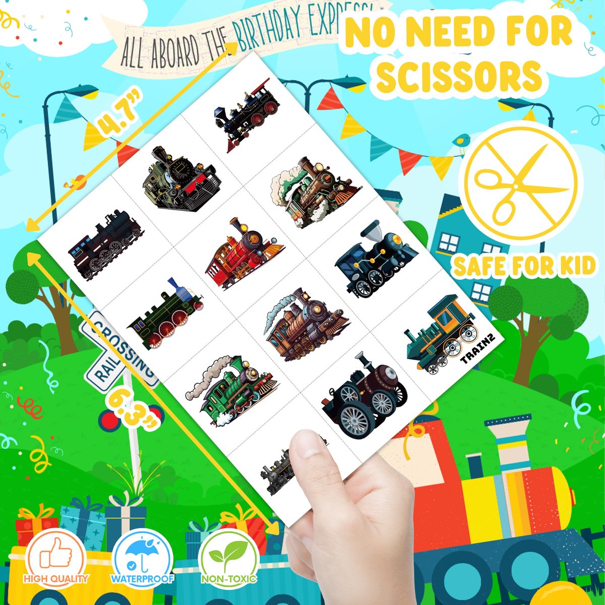 8 Sheets (96PCS) Train Temporary Tattoos – Transportation Birthday Party Decorations Supplies, Train Themed Favors, Pre-Cut Tattoo Stickers for Kids Boys Girls Classroom Prizes - görsel 9