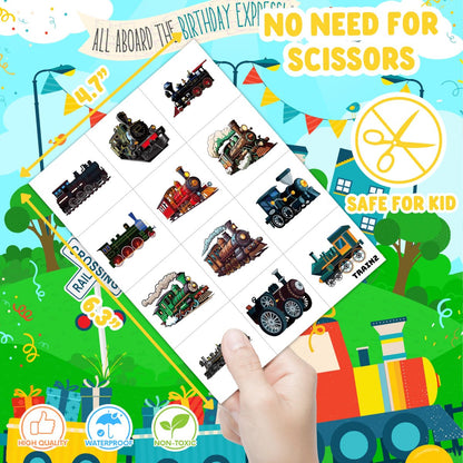 8 Sheets (96PCS) Train Temporary Tattoos – Transportation Birthday Party Decorations Supplies, Train Themed Favors, Pre-Cut Tattoo Stickers for Kids Boys Girls Classroom Prizes