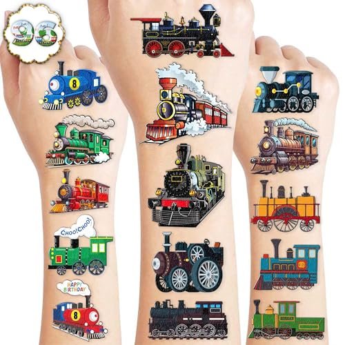 8 Sheets (96PCS) Train Temporary Tattoos – Transportation Birthday Party Decorations Supplies, Train Themed Favors, Pre-Cut Tattoo Stickers for Kids Boys Girls Classroom Prizes - görsel 2