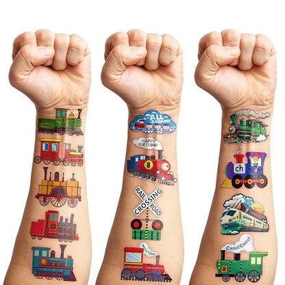 8 Sheets (96PCS) Train Temporary Tattoos – Transportation Birthday Party Decorations Supplies, Train Themed Favors, Pre-Cut Tattoo Stickers for Kids Boys Girls Classroom Prizes