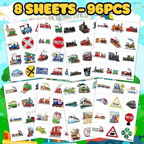 8 Sheets (96PCS) Train Temporary Tattoos – Transportation Birthday Party Decorations Supplies, Train Themed Favors, Pre-Cut Tattoo Stickers for Kids Boys Girls Classroom Prizes - görsel 8