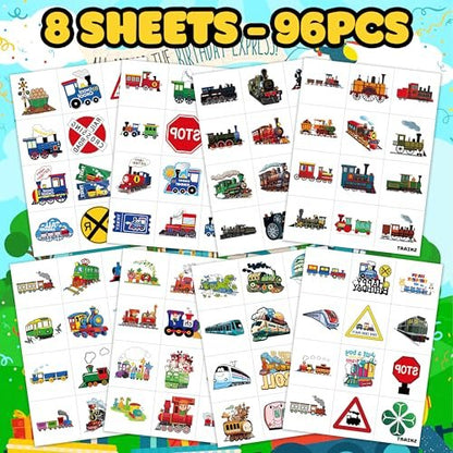 8 Sheets (96PCS) Train Temporary Tattoos – Transportation Birthday Party Decorations Supplies, Train Themed Favors, Pre-Cut Tattoo Stickers for Kids Boys Girls Classroom Prizes