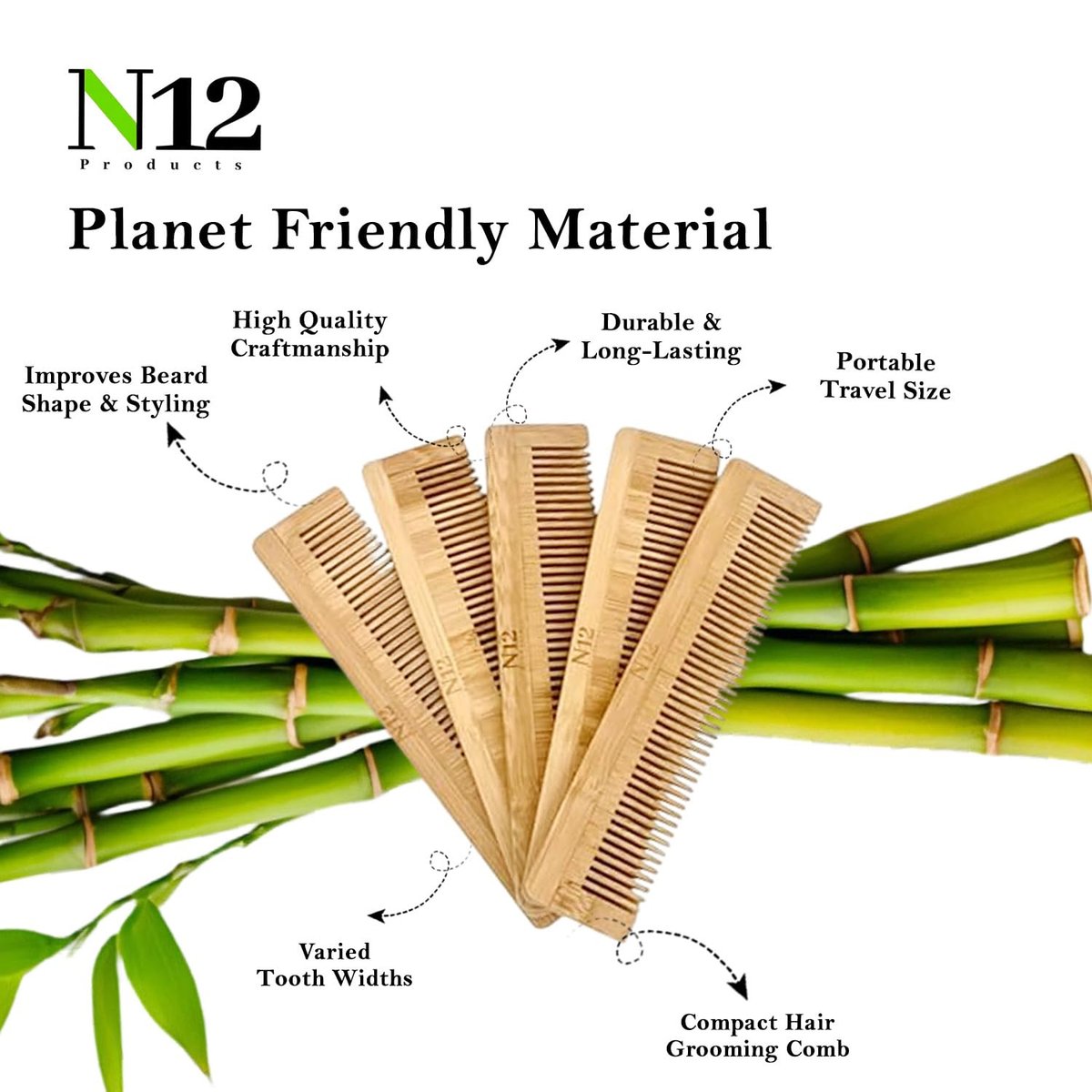 N12 Products 5-Pack Bamboo Wood Pocket Beard Comb Set – Natural Wooden Combs for Beard, Hair, Mustache, Men & Women, Eco-Friendly Travel Grooming - görsel 5