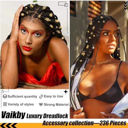 236PCS Gold Hair Accessories Set: Jewelry, Charms, Rings and Cuffs for Braids, Dreadlocks, Loc Styles and Rave Hair Styling - görsel 4