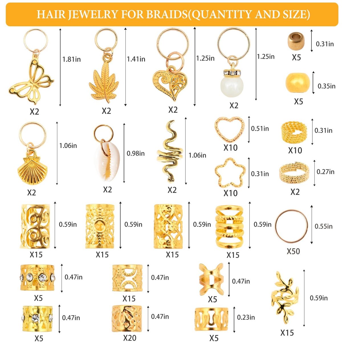 236PCS Gold Hair Accessories Set: Jewelry, Charms, Rings and Cuffs for Braids, Dreadlocks, Loc Styles and Rave Hair Styling - görsel 11