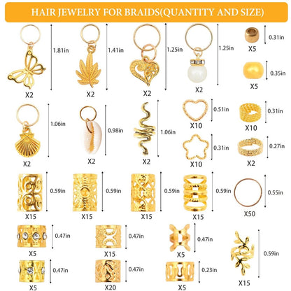 236PCS Gold Hair Accessories Set: Jewelry, Charms, Rings and Cuffs for Braids, Dreadlocks, Loc Styles and Rave Hair Styling