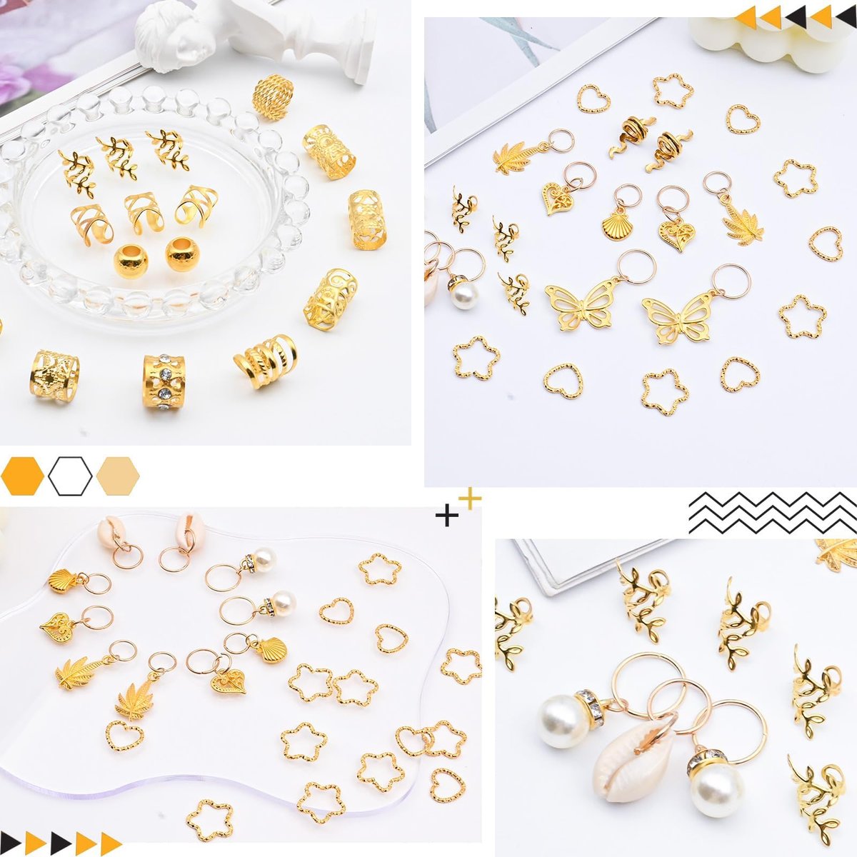 236PCS Gold Hair Accessories Set: Jewelry, Charms, Rings and Cuffs for Braids, Dreadlocks, Loc Styles and Rave Hair Styling - görsel 7