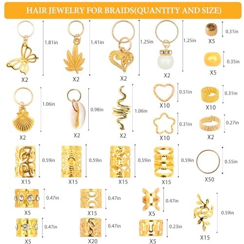 236PCS Gold Hair Accessories Set: Jewelry, Charms, Rings and Cuffs for Braids, Dreadlocks, Loc Styles and Rave Hair Styling - görsel 12