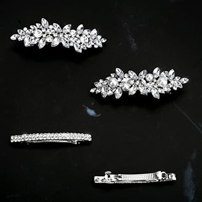 Deoot Hair Barrettes - 4 Pack Rhinestone Crystal Hair Clips for Women, Silver Metal Alloy Flower Barrettes for Wedding, Party, Everyday Use