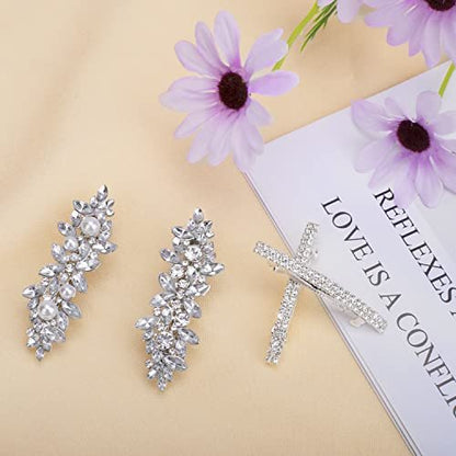 Deoot Hair Barrettes - 4 Pack Rhinestone Crystal Hair Clips for Women, Silver Metal Alloy Flower Barrettes for Wedding, Party, Everyday Use