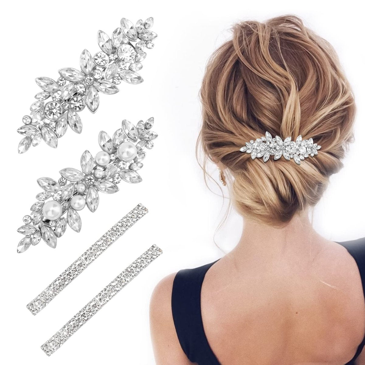Deoot Hair Barrettes - 4 Pack Rhinestone Crystal Hair Clips for Women, Silver Metal Alloy Flower Barrettes for Wedding, Party, Everyday Use - görsel 1