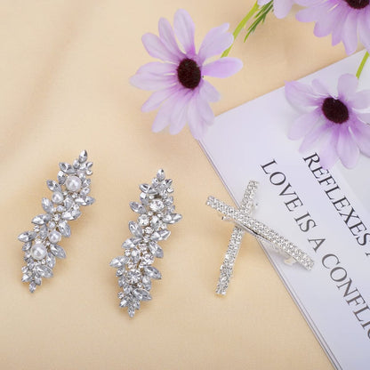 Deoot Hair Barrettes - 4 Pack Rhinestone Crystal Hair Clips for Women, Silver Metal Alloy Flower Barrettes for Wedding, Party, Everyday Use