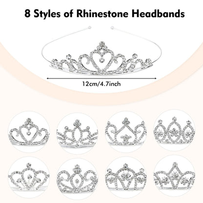 Cinaci 8 Pack Silver Metal Sparkly Glitter Rhinestone Crown Headbands - Wedding Prom Birthday Party Princess Hair Tiaras for Kids Girls Teens Women