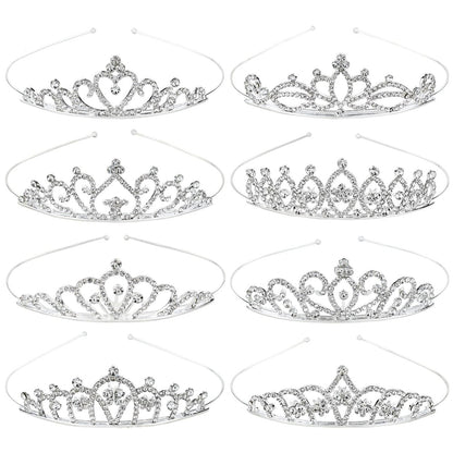 Cinaci 8 Pack Silver Metal Sparkly Glitter Rhinestone Crown Headbands - Wedding Prom Birthday Party Princess Hair Tiaras for Kids Girls Teens Women