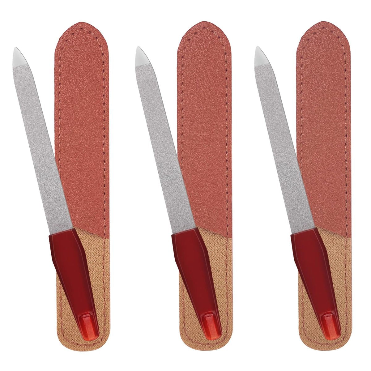 3 Pack Metal Nail File with Sharp Pointed Tip and Leather Sheath Case for Natural Nails - 5 Inches Stainless Steel Manicure Double Sided Sapphire Grit Nail Filer (Silver/Brown) - görsel 1