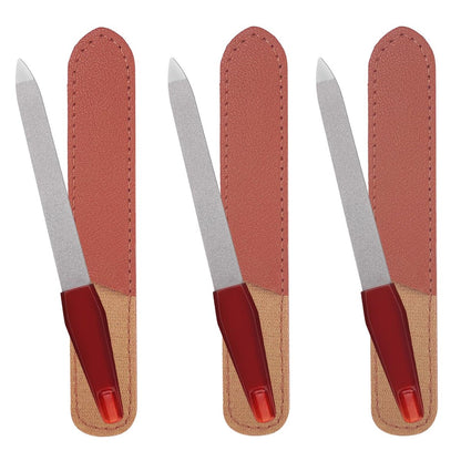 3 Pack Metal Nail File with Sharp Pointed Tip and Leather Sheath Case for Natural Nails - 5 Inches Stainless Steel Manicure Double Sided Sapphire Grit Nail Filer (Silver/Brown)