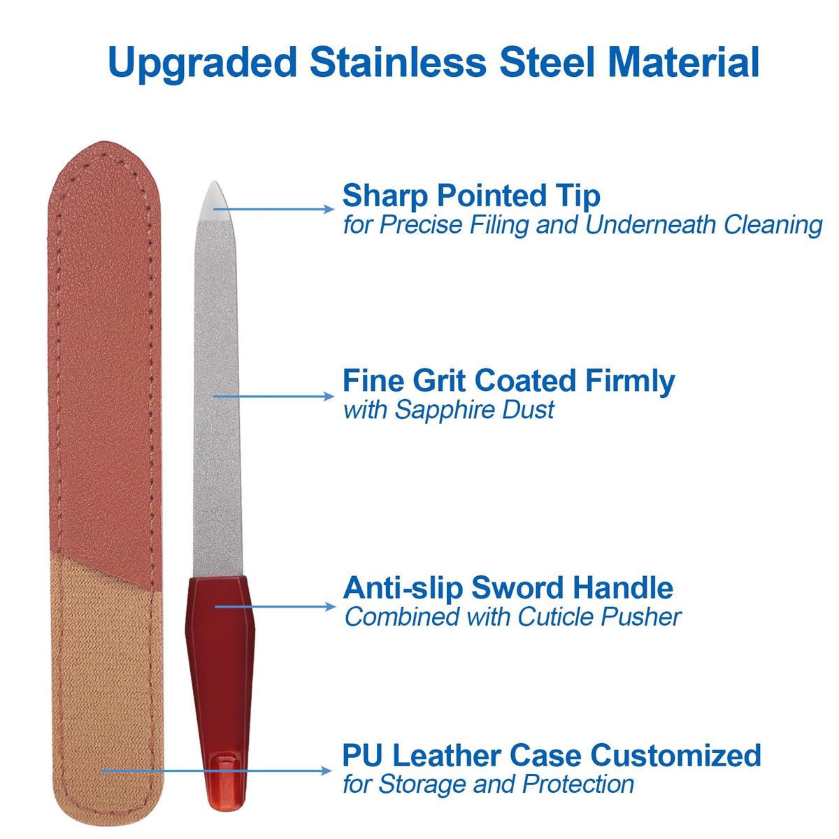 3 Pack Metal Nail File with Sharp Pointed Tip and Leather Sheath Case for Natural Nails - 5 Inches Stainless Steel Manicure Double Sided Sapphire Grit Nail Filer (Silver/Brown) - görsel 5